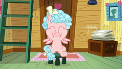 Size: 1280x720 | Tagged: safe, screencap, cozy glow, pegasus, pony, marks for effort, bow, clubhouse, crusaders clubhouse, female, filly, hair bow, ladder, peekaboo, smiling, solo, stool, tail bow
