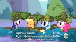 Size: 856x478 | Tagged: safe, derpibooru import, screencap, applejack, pinkie pie, rainbow dash, twilight sparkle, earth pony, pegasus, pony, dragon quest, hub logo, youtube caption