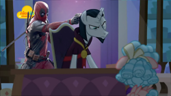 Size: 1024x576 | Tagged: safe, edit, edited screencap, screencap, chancellor neighsay, cozy glow, human, pegasus, pony, unicorn, school raze, crossover, deadpool, female, filly, male, marvel, marvel comics, nickelodeon, photoshop, ryan reynolds, stallion, superhero, this will end in death, this will end in fillyhood trauma, this will end in tears, x kills neighsay