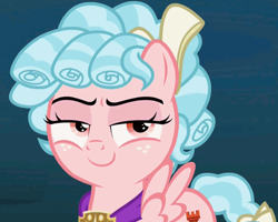 Size: 1339x1072 | Tagged: safe, screencap, cozy glow, pegasus, pony, school raze, cropped, female, filly, foal, grin, lidded eyes, looking at you, smiling, smirk, smug, solo