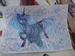 Size: 717x538 | Tagged: safe, artist:dany-the-hell-fox, princess luna, alicorn, pony, abstract background, fangs, missing accessory, smiling, solo, spots, traditional art