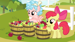 Size: 1600x900 | Tagged: safe, screencap, apple bloom, cozy glow, pegasus, pony, marks for effort, apple, female, filly, food
