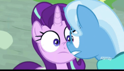 Size: 1000x575 | Tagged: safe, derpibooru import, screencap, starlight glimmer, trixie, pony, student counsel, angry, animated, boop, discovery family logo, noseboop, unamused