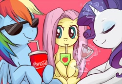 Size: 600x415 | Tagged: safe, artist:yubi, fluttershy, rainbow dash, rarity, pegasus, pony, unicorn, coca-cola, drink, drinking, eyes closed, juice, magic, sipping, straw, sunglasses, trio, wine