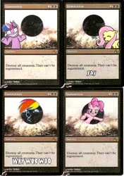 Size: 642x910 | Tagged: safe, artist:blackwingstudio, derpibooru import, fluttershy, pinkie pie, rainbow dash, twilight sparkle, earth pony, pegasus, pony, unicorn, card, damnation, dashface, female, flutteryay, glowing horn, looking at you, magic, magic the gathering, mare, shrug, shrugpony, trading card edit, twilight snapple, wub, yay