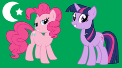 Size: 900x506 | Tagged: safe, artist:threewheelsturning, derpibooru import, pinkie pie, twilight sparkle, earth pony, pony, unicorn, duo, duo female, female, horn, mare, multicolored mane, pink coat, pink mane, purple coat