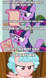 Size: 600x1011 | Tagged: safe, edit, edited screencap, screencap, cozy glow, twilight sparkle, twilight sparkle (alicorn), alicorn, pegasus, pony, marks for effort, female, filly, image macro, meme, pure concentrated unfiltered evil of the utmost potency, regular show