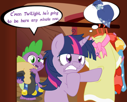 Size: 1155x930 | Tagged: safe, artist:mrponiator, derpibooru import, spike, twilight sparkle, dragon, birthday dress, clothes, dialogue, dress, gala dress, wardrobe