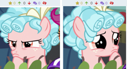 Size: 551x302 | Tagged: safe, screencap, cozy glow, pegasus, pony, marks for effort, angry, bush, comparison, contrast, cozy glow is best facemaker, cozy glow is not amused, cozybetes, cropped, cute, derpibooru, face, female, filly, foal, juxtaposition, meta, plotting, puppy dog eyes, pure concentrated unfiltered evil of the utmost potency, sad, thinking