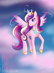 Size: 597x800 | Tagged: safe, princess cadance, alicorn, pony, cloud, crystal heart, female, flying, jewelry, magic, mare, regalia, signature, sky, solo, stars