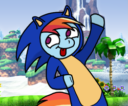 Size: 683x566 | Tagged: source needed, useless source url, safe, artist:spikeandfriends, rainbow dash, pegasus, pony, blonic, blue, cosplay, crossover, derp, funny, gotta go fast, sonic the hedgehog, sonic the hedgehog (series), tongue out