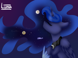 Size: 1600x1200 | Tagged: safe, artist:ohhoneybee, princess luna, alicorn, pony, eyes closed, galaxy, mare in the moon, moon, planet, solo