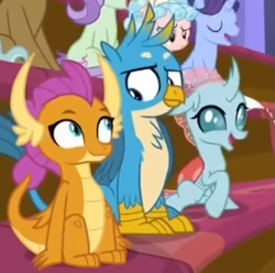 Size: 1017x1007 | Tagged: safe, edit, edited screencap, screencap, cozy glow, gallus, november rain, ocellus, smolder, violet twirl, changedling, changeling, dragon, griffon, pegasus, pony, a matter of principals, claws, cropped, dragoness, female, filly, friendship student, looking at each other, male, shipping fuel, smiling