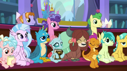 Size: 1920x1080 | Tagged: safe, screencap, auburn vision, berry blend, berry bliss, citrine spark, cozy glow, fire quacker, gallus, huckleberry, ocellus, sandbar, silverstream, smolder, yona, changedling, changeling, classical hippogriff, dragon, earth pony, griffon, hippogriff, pegasus, pony, unicorn, yak, a matter of principals, book, bow, cloven hooves, crossed arms, dragoness, eyes closed, female, filly, friendship student, hair bow, jewelry, male, monkey swings, necklace, notepad, sitting, smiling, student six, teenager