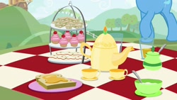 Size: 1920x1080 | Tagged: safe, derpibooru import, screencap, trixie, pony, student counsel, cup, cupcake, food, kettle, picnic blanket, sandwich, tea, teacup