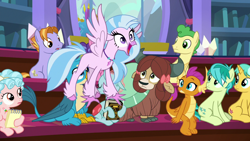 Size: 1280x720 | Tagged: safe, screencap, auburn vision, citrine spark, cozy glow, fire quacker, gallus, huckleberry, ocellus, sandbar, silverstream, smolder, yona, changedling, changeling, classical hippogriff, dragon, earth pony, griffon, hippogriff, pegasus, pony, unicorn, yak, a matter of principals, book, bow, cloven hooves, dragoness, female, filly, friendship student, hair bow, jewelry, male, monkey swings, necklace, notebook, student six, teenager