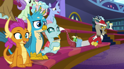 Size: 1280x720 | Tagged: safe, screencap, cozy glow, discord, gallus, ocellus, smolder, pegasus, pony, a matter of principals, cute, diaocelles, excited, gallabetes, smiling, smolderbetes