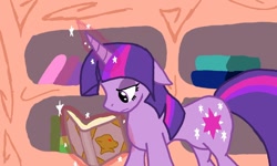 Size: 800x480 | Tagged: artist needed, safe, derpibooru import, twilight sparkle, book, golden oaks library, library, magic, reading