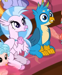 Size: 327x398 | Tagged: safe, screencap, cozy glow, gallus, silverstream, classical hippogriff, griffon, hippogriff, pegasus, pony, a matter of principals, claws, cropped, female, filly, male, paws, sitting, varying degrees of want, wings
