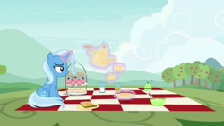 Size: 1920x1080 | Tagged: safe, derpibooru import, screencap, trixie, pony, student counsel, cup, cupcake, food, kettle, magic, picnic blanket, sandwich, solo, teacup