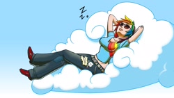 Size: 1920x1080 | Tagged: safe, artist:eshianfulika, rainbow dash, bandaid, clothes, cloud, humanized, jeans, midriff, solo, sunglasses, torn clothes