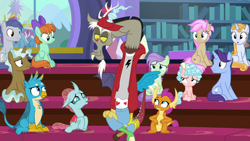 Size: 1280x720 | Tagged: safe, screencap, clever musings, cozy glow, discord, gallus, november rain, ocellus, peppermint goldylinks, slate sentiments, smolder, strawberry scoop, summer meadow, violet twirl, changedling, changeling, griffon, pegasus, pony, unicorn, a matter of principals, background pony, female, filly, friendship student, male, school of friendship