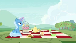 Size: 1920x1080 | Tagged: safe, derpibooru import, screencap, trixie, pony, student counsel, cup, cupcake, food, kettle, magic, picnic blanket, sandwich, solo, teacup