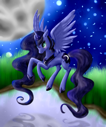 Size: 2500x3000 | Tagged: safe, artist:flutterwry, artist:honey23530, princess luna, alicorn, pony, moon, night, solo, water