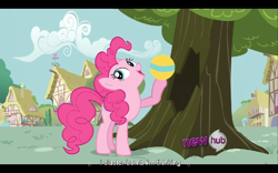 Size: 960x600 | Tagged: safe, screencap, pinkie pie, earth pony, pony, it's about time, bomb, hub logo, tree, weapon, youtube caption