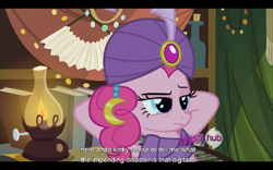 Size: 960x600 | Tagged: safe, screencap, pinkie pie, earth pony, pony, it's about time, hub logo, madame pinkie, youtube caption