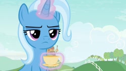 Size: 1920x1080 | Tagged: safe, derpibooru import, screencap, trixie, pony, unicorn, student counsel, cup, female, magic, magic aura, mare, solo, teacup, telekinesis, unamused