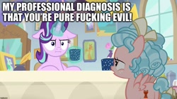 Size: 1280x720 | Tagged: safe, edit, edited screencap, screencap, cozy glow, starlight glimmer, pegasus, pony, unicorn, marks for effort, cozy glutes, dialogue, duo, duo female, empathy cocoa, evil, female, filly, floppy ears, hilarious in hindsight, i mean i see, image macro, it takes one to know one, meme, starlight's office, vulgar