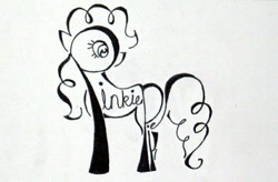 Size: 848x556 | Tagged: safe, artist:whiteheather, pinkie pie, earth pony, pony, calligraphy, monochrome, typography