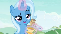 Size: 1920x1080 | Tagged: safe, derpibooru import, screencap, trixie, pony, unicorn, student counsel, cup, female, magic, magic aura, mare, solo, teacup, teaspoon, telekinesis, that pony sure does love teacups