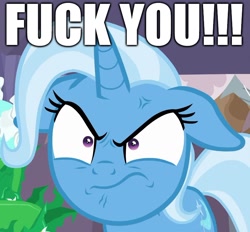 Size: 1066x991 | Tagged: safe, derpibooru import, edit, edited screencap, screencap, trixie, pony, unicorn, student counsel, angry, caption, cropped, cross-popping veins, excessive exclamation marks, faic, floppy ears, fuck you, image macro, meme, reaction image, solo, text, trixie yells at everything, vulgar