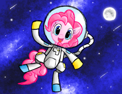 Size: 1300x1000 | Tagged: safe, artist:cyberfire22, pinkie pie, earth pony, pony, astronaut, looking at you, moon, newbie artist training grounds, open mouth, smiling, solo, space, waving