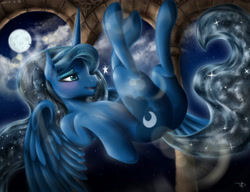 Size: 4200x3220 | Tagged: safe, artist:whit3-dr4g0n, princess luna, alicorn, pony, blushing, crepuscular rays, flying, moon, moonbutt, night, plot, solo, stars, upside down