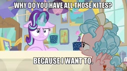 Size: 800x450 | Tagged: safe, edit, edited screencap, screencap, cozy glow, starlight glimmer, pegasus, pony, marks for effort, :i, bow, butt, chocolate, cozy glutes, cup, desk, empathy cocoa, faic, female, filly, floppy ears, food, guidance counselor, hot chocolate, image macro, kite, meme, mirror, paintings, plot, quill, quill pen, that pony sure does love kites