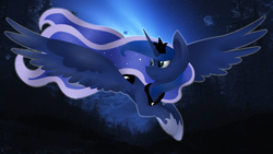 Size: 1024x576 | Tagged: safe, artist:despotshy, edit, princess luna, alicorn, pony, flying, forest, night, solo, wallpaper, wallpaper edit