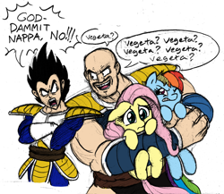 Size: 1000x866 | Tagged: safe, artist:mickeymonster, fluttershy, rainbow dash, pegasus, pony, comic, crossover, cute, dragon ball, dragon ball z, dragonball z abridged, floppy ears, frown, glare, goddammit nappa, gritted teeth, hug, nappa, open mouth, saiyan, scared, smiling, underhoof, vegeta, wink