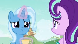 Size: 1920x1080 | Tagged: safe, derpibooru import, screencap, starlight glimmer, trixie, pony, unicorn, student counsel, cup, cute, diatrixes, female, magic, mare, sad, sadorable, teacup, that pony sure does love teacups