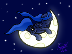 Size: 1280x962 | Tagged: safe, artist:gift, princess luna, alicorn, pony, crescent moon, eyes closed, filly, moon, night, sleeping, solo, stars, tangible heavenly object, woona