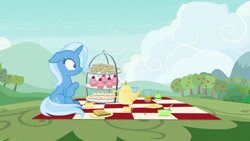 Size: 1920x1080 | Tagged: safe, derpibooru import, screencap, trixie, pony, student counsel, cup, cupcake, floppy ears, food, kettle, picnic blanket, sandwich, solo, teacup, that pony sure does love teacups