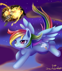 Size: 600x690 | Tagged: safe, artist:incinerater, rainbow dash, pegasus, pony, blue mane, explosion, female, mare, multicolored mane