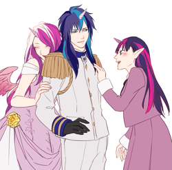 Size: 885x874 | Tagged: safe, artist:onoya, princess cadance, shining armor, twilight sparkle, human, blushing, elf ears, eyes closed, grin, horned humanization, hug, humanized, open mouth, pixiv, smiling, winged humanization