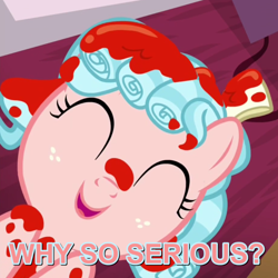 Size: 690x690 | Tagged: safe, edit, edited screencap, screencap, cozy glow, pegasus, pony, marks for effort, cozybetes, cropped, cute, eyes closed, female, filly, image macro, implied blood, meme, smiling, solo, text, the joker