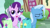 Size: 1366x768 | Tagged: safe, derpibooru import, screencap, starlight glimmer, trixie, pony, unicorn, student counsel, cute, discovery family logo, eyes closed, female, glimmerbetes, mare, open mouth, ponyville, saddle bag, trixie is not amused, unamused