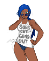 Size: 658x820 | Tagged: safe, artist:eve-ashgrove, princess luna, human, bikini bottom, clothes, dark skin, humanized, looking at you, shirt, sketch, solo, sunglasses