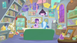 Size: 1366x768 | Tagged: safe, derpibooru import, screencap, starlight glimmer, trixie, pony, student counsel, book, bucket, cabinet, ceiling light, glass case, kite, lamp, office, picture frame, shelf, sofa, that pony sure does love kites, window