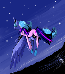 Size: 800x914 | Tagged: safe, artist:skyeypony, princess luna, twilight sparkle, alicorn, pony, flying, ponies riding ponies, s1 luna